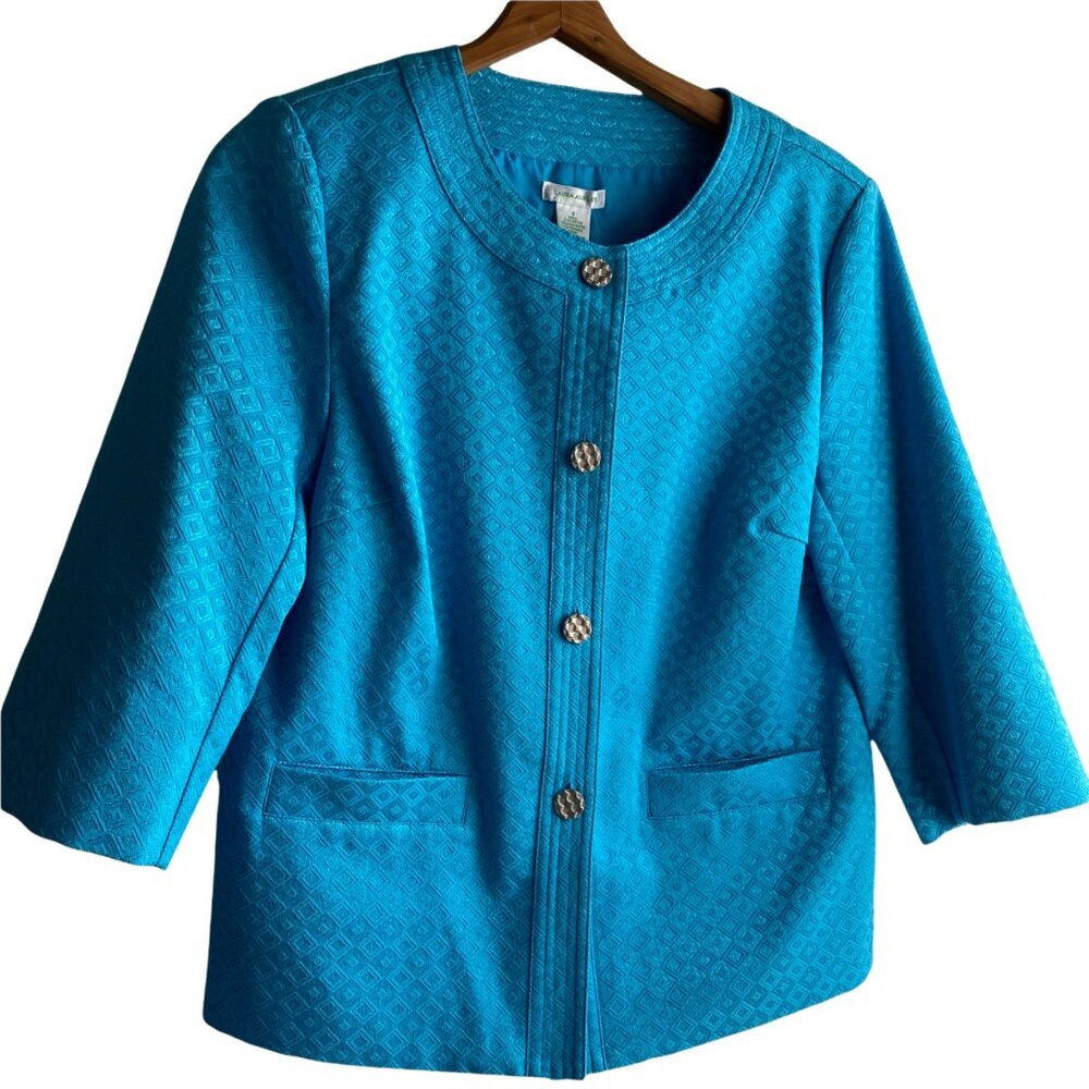 Laura Ashley Jacket Blazer Boxy Sz Small Blue Shiny Tapestry Print Button Easter - Picture 13 of 13